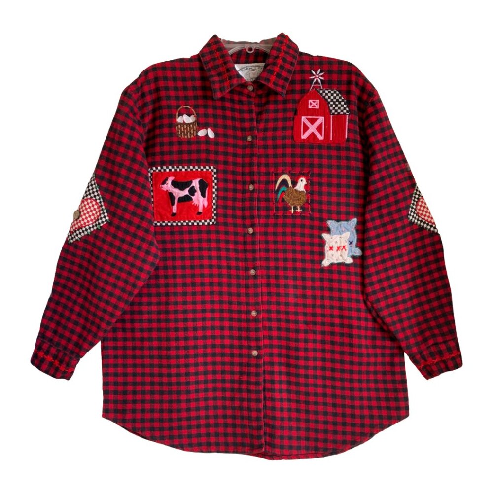 VINTAGE 90s Women's Farm Patch Embroidered Red & Black Plaid Flannel Shirt Sz L
